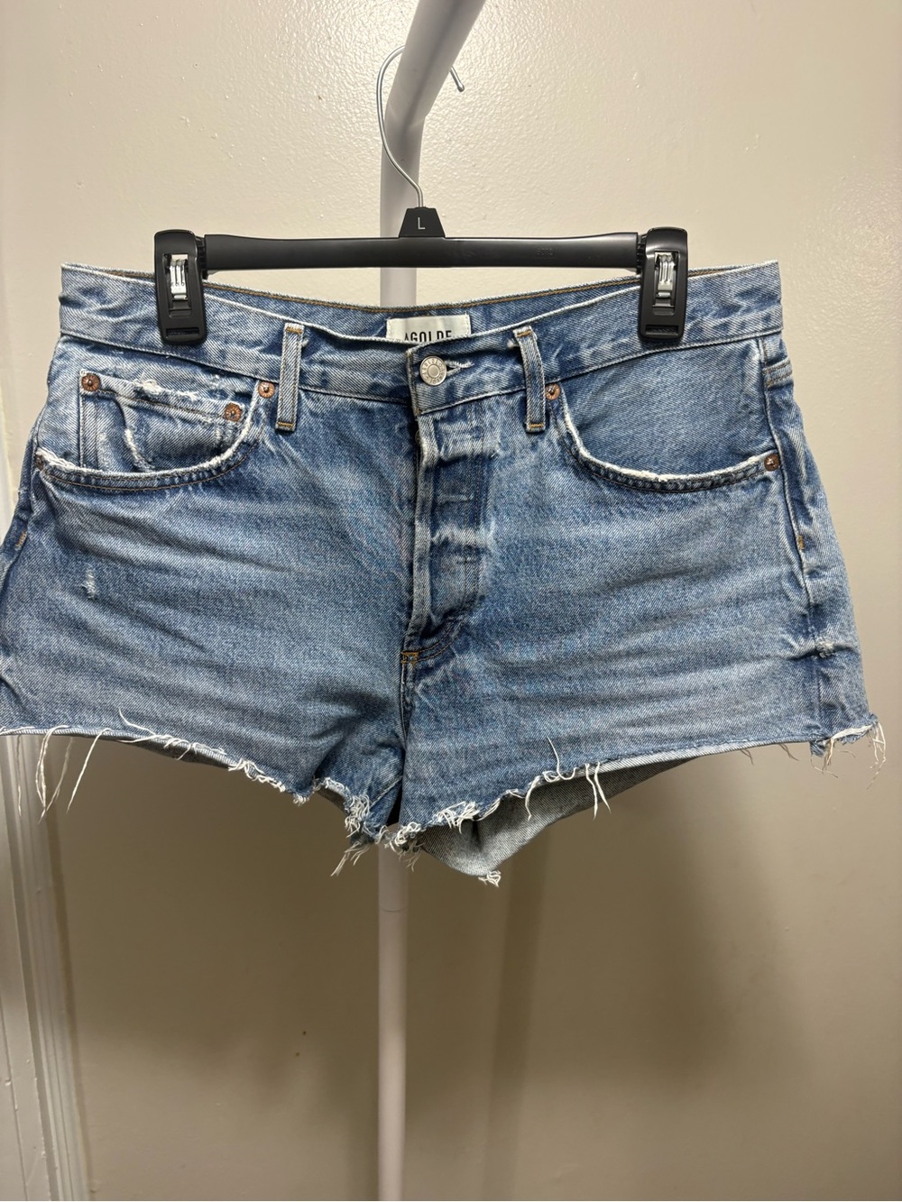 Agolde Light Blue Distressed Denim Cutoff Shorts